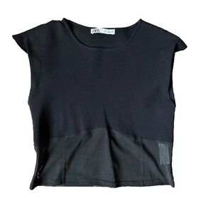 ZARA Black Knit Shoulder Pad Semi-Sheer Crop Top - Size L -‎ Clean Girl Neutral